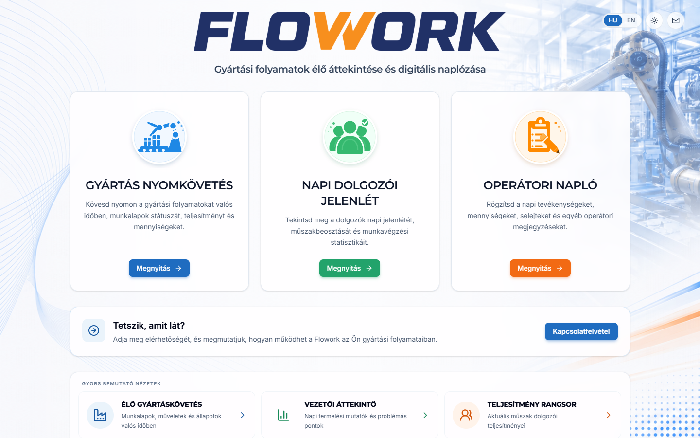 A Flowork demo portál képernyőképe: gyártás nyomkövetés, dolgozói jelenlét és operátori napló modulok